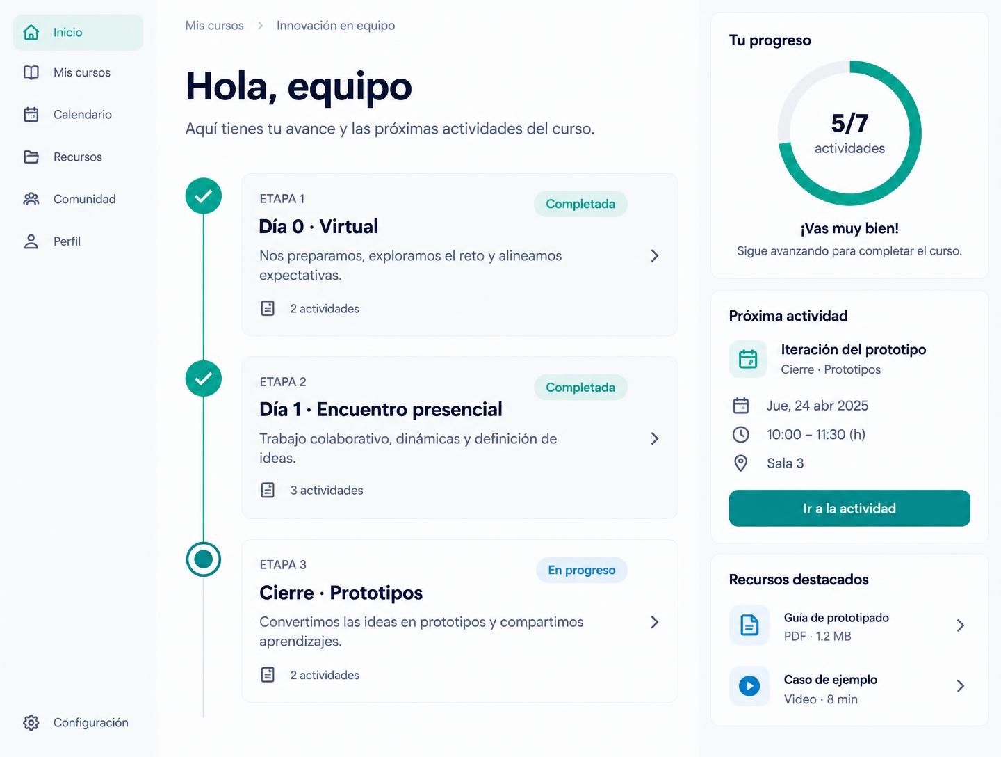 Vista del participante en el Campus, con las etapas del programa y su progreso.